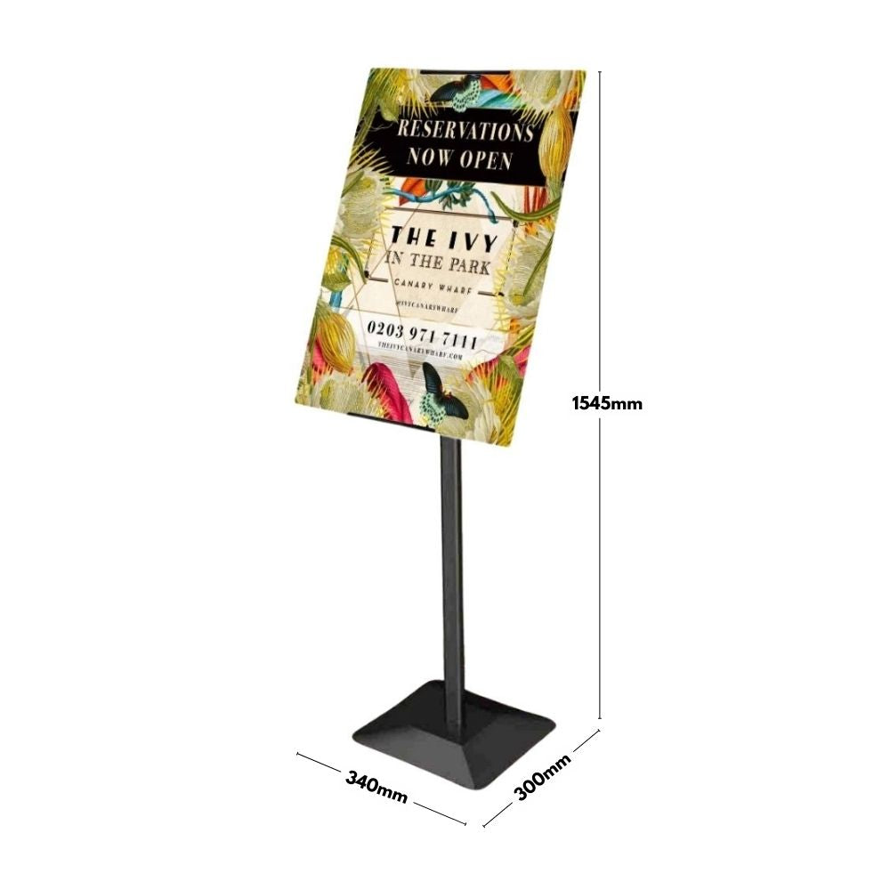 This sturdy black freestanding sign holder offers full height adjustment and a 360-degree rotating poster display, making it a practical solution for exhibitions, retail, and events.
