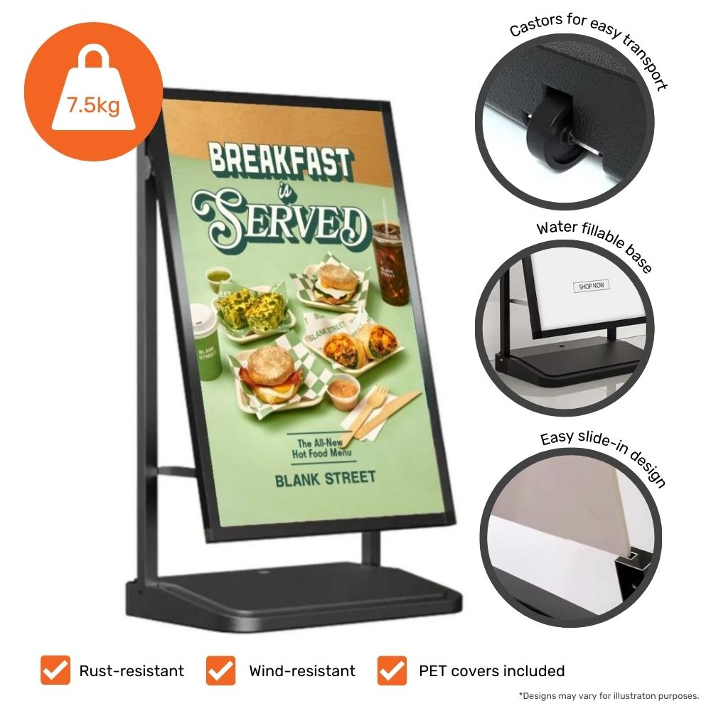 Durable one-sided black A1 pavement sign with a sturdy water base, designed for weather-resistant outdoor displays.
