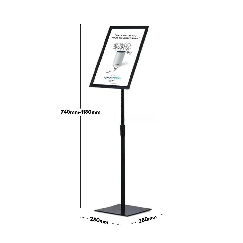 Freestanding black A3 poster display stand with 360-degree rotation, mitred snap frame, and a sturdy square base.
