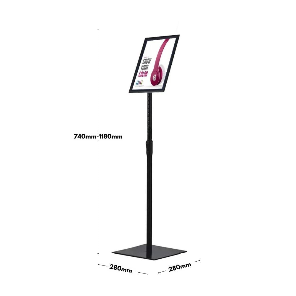 Black floor-standing A4 poster display stand with a mitred snap frame, full 360-degree rotation, and a stable square base.
