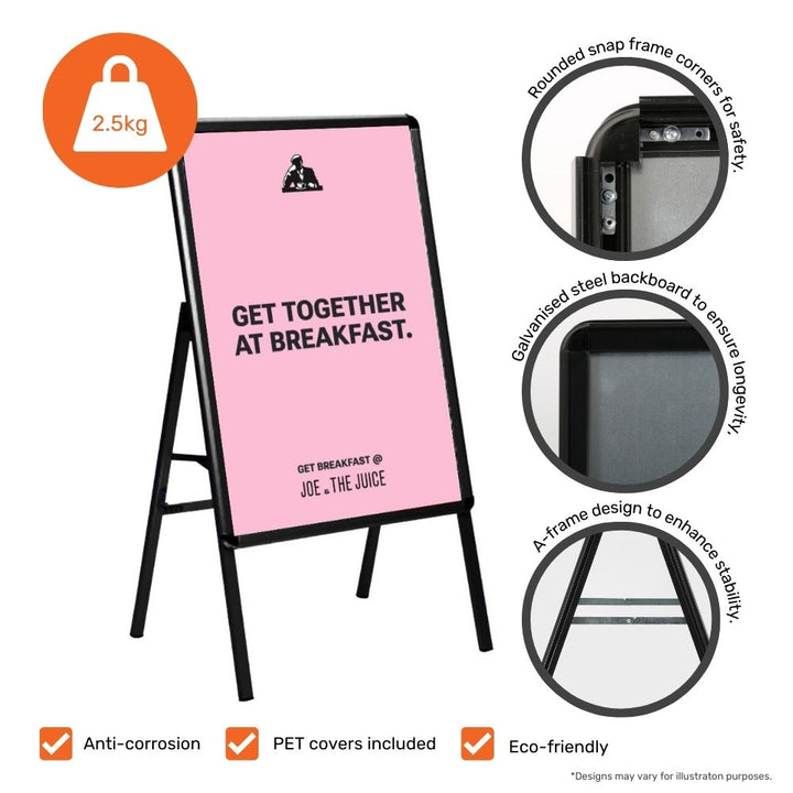 Black single-sided A1 A-board – freestanding pavement sign for high-visibility messaging
