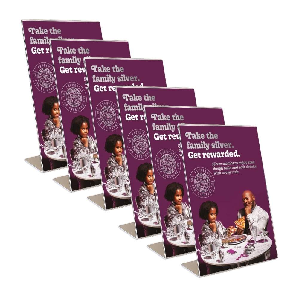Pack of 6 acrylic A3 literature holders in portrait orientation, perfect for displaying brochures, leaflets, and posters.
