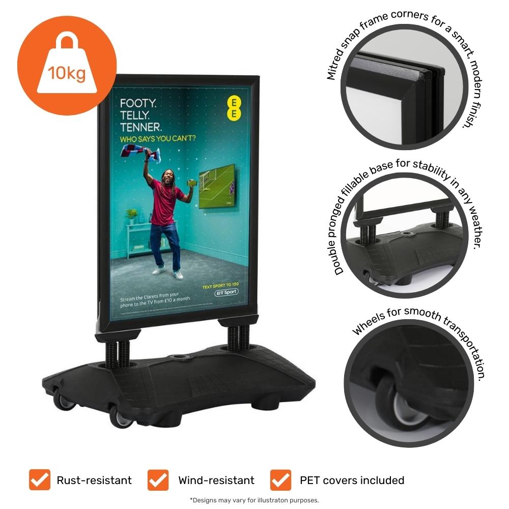 Freestanding water-based pavement sign, built for stability and all-weather conditions, ideal for retail and events.
