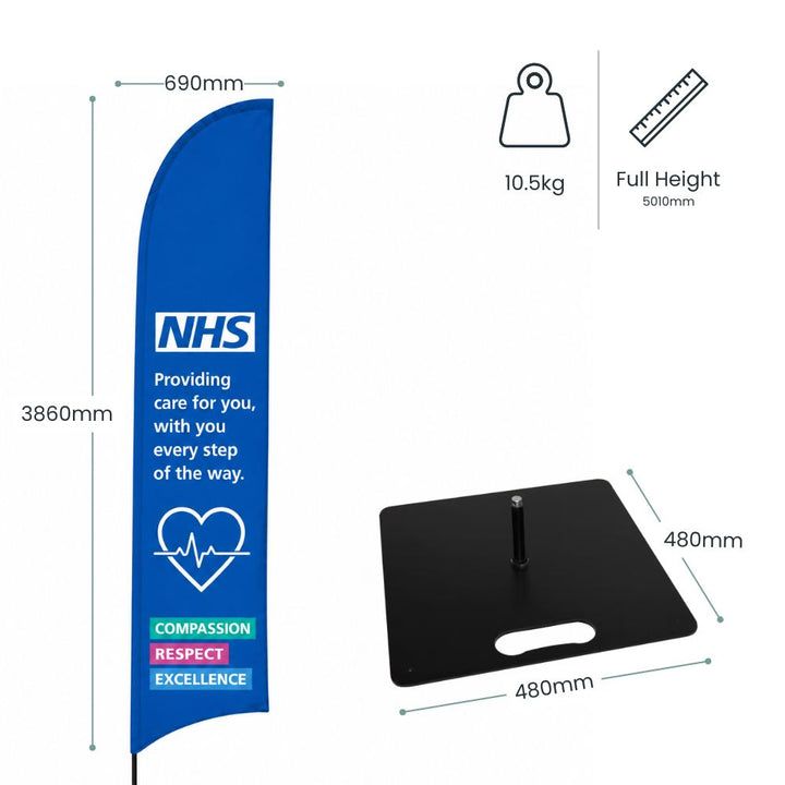 NHS branded 5m feather flag with printed healthcare slogan and heavy-duty indoor base for hospital entrances and NHS facilities.