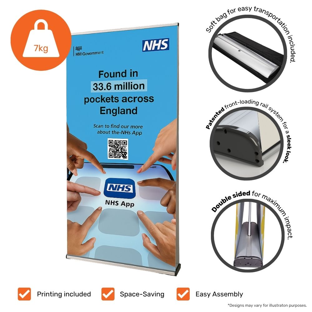 NHS App roller banner with illustrated features including 7kg weight, double-sided display, front-loading rail system, and soft carry bag.