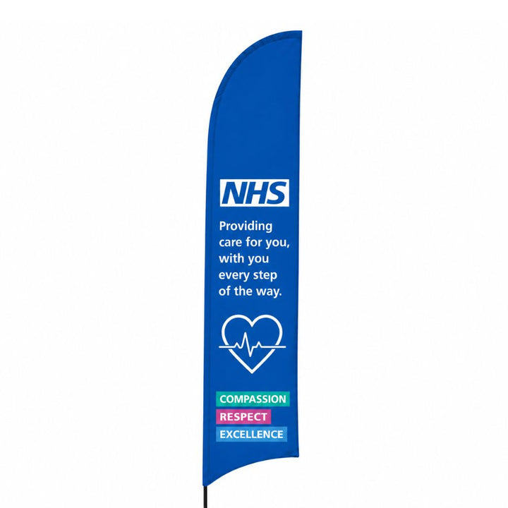 Blue NHS feather flag banner with healthcare messaging and compassion respect excellence branding for hospitals and medical centres.