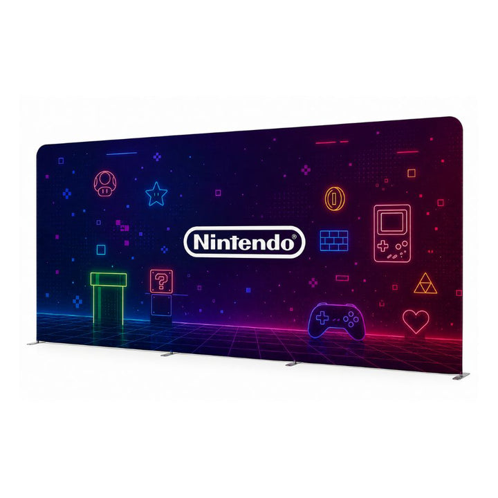 Freestanding Nintendo event backdrop with neon retro gaming icons, colourful arcade-inspired graphics and seamless curved frame.