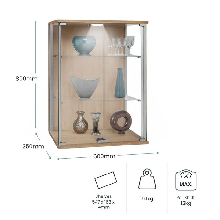 Dimension diagram of an oak finish wall mounted display cabinet, 600mm wide by 800mm high with a 250mm projection and 547mm glass shelves for displaying glassware.
