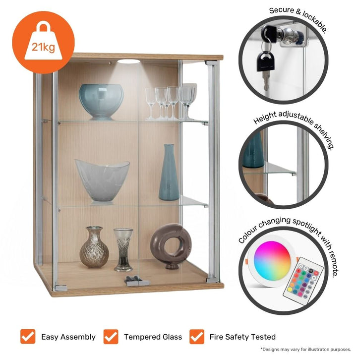 Modern oak display cabinet – wall-mounted 600mm design with adjustable shelves and twin glass doors