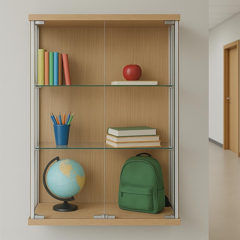600mm Double Door Oak Wall Display Cabinet w 2 Shelves Displaysense