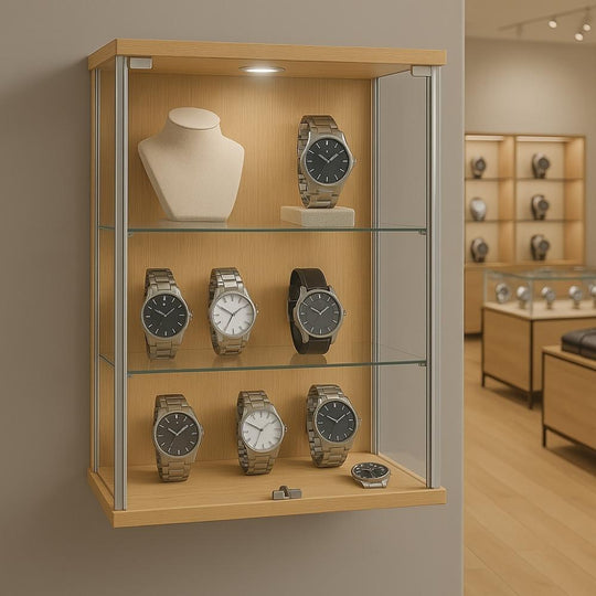 Oak Wall Mounted Double Door Display Cabinet with LED Light and 2 Adjustable Shelves - 600mm Wide