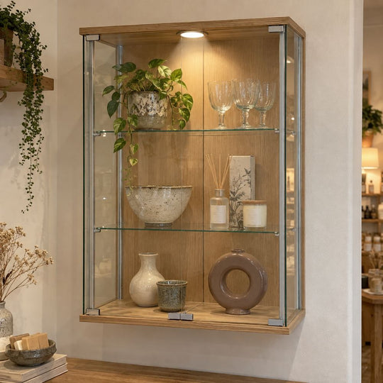 Oak Wall Mounted Double Door Display Cabinet with LED Light and 2 Adjustable Shelves - 600mm Wide