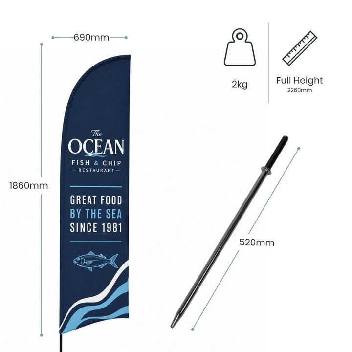Technical specification image showing Ocean Fish and Chip Restaurant feather flag dimensions with outdoor ground spike base and 2260mm full display height for beachside promotions.