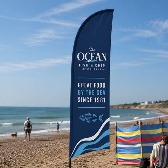 Double-Sided Glass Fibre Feather Flag with Ground Spike Base inc. Graphic Printing - 2.3m