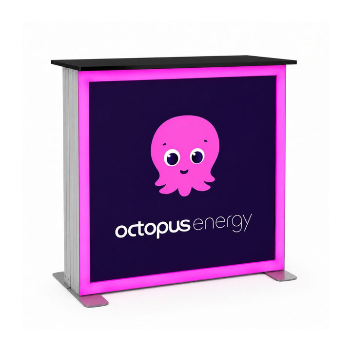 Illuminated Octopus Energy promotional counter with vibrant pink LED light frame and branded octopus logo display.