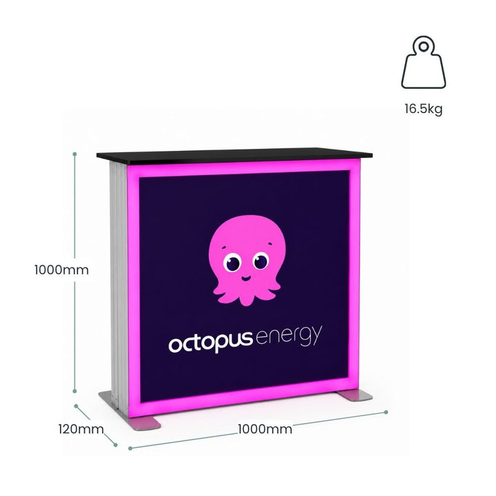 Octopus Energy LED exhibition counter with annotated dimensions, 16.5kg weight specification and illuminated branded graphic panel.