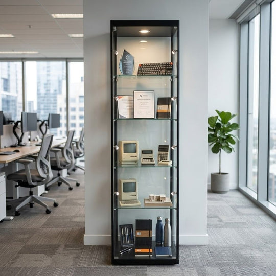 Black Aluminium Lockable Glass Display Cabinet with 4 Adjustable Shelves & 9 LED Lights 1800mm High x 400mm Wide