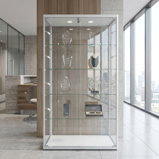 Silver Aluminium Glass Display Cabinet Lockable with 4 Adjustable Shelves & 10 LED Lights 1800mm High x 1200mm Wide