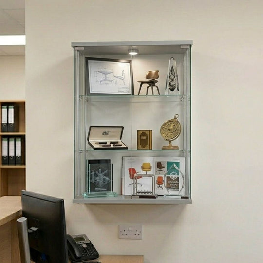 Silver Aluminium Wall Mounted Double Door Glass Display Cabinet with 2 Adjustable Shelves  - 600mm