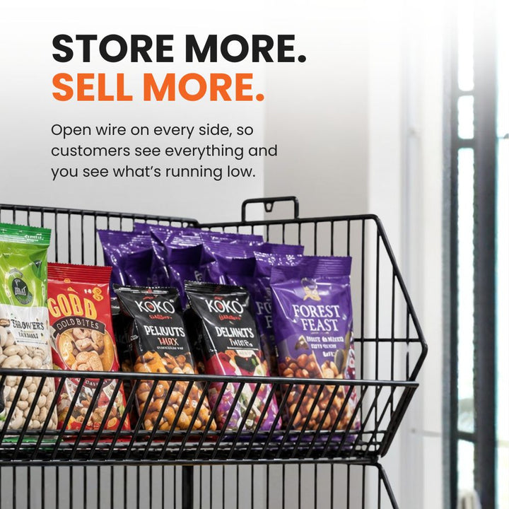 Open-front steel wire retail basket with powder-coated black finish for clear product visibility and access.