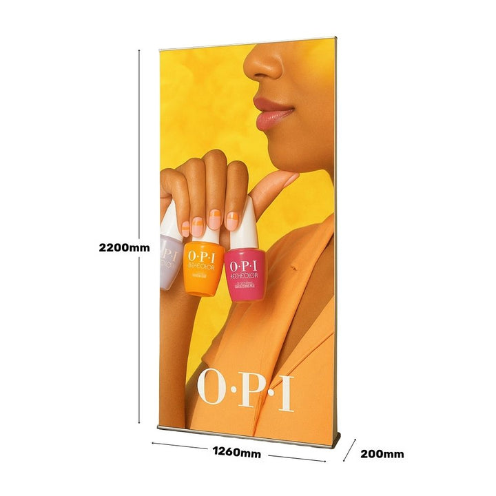 Specification image of a double-sided display banner stand promoting OPI nail polish, with full height and width dimensions included.