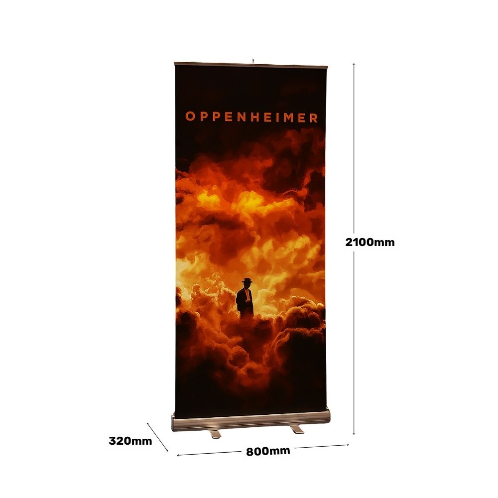800mm wide roller banner with dramatic Oppenheimer artwork showing a silhouette in fiery clouds, ideal for film promotions, exhibitions, or cinema foyers.

