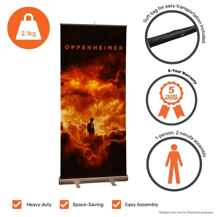 800mm roll-up banner for the Oppenheimer movie, shown with infographic features including soft bag, 5-year warranty, and 2-minute setup, perfect for events.

