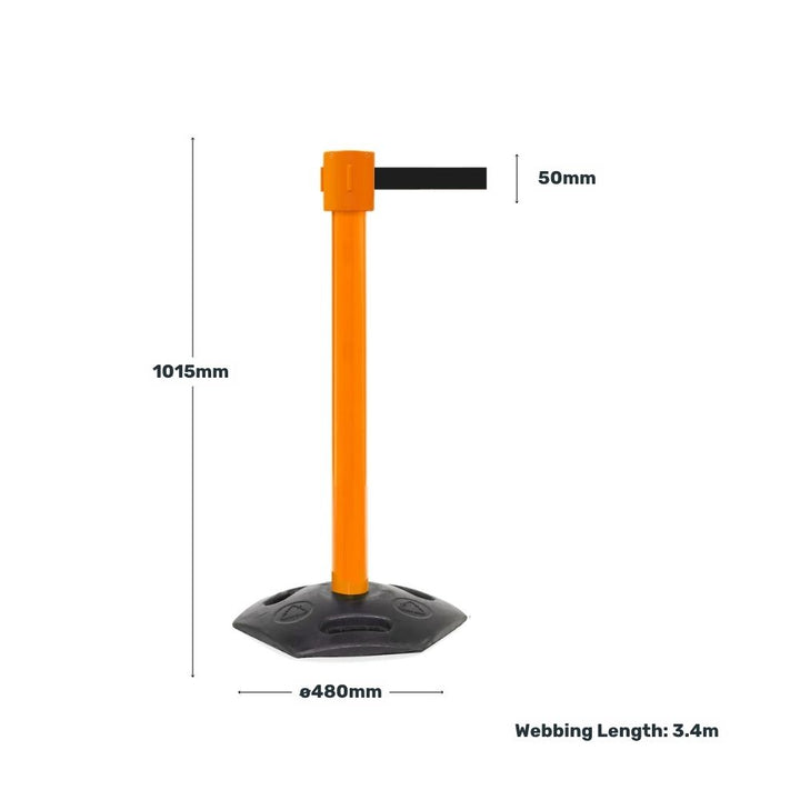 Orange barrier post with black retractable belt showing dimensions including height, base diameter, and webbing length of 3.4m.