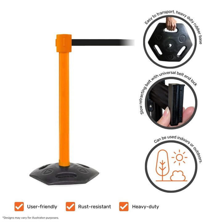 Orange barrier post with black belt showcasing features such as heavy-duty rubber base and universal belt lock.