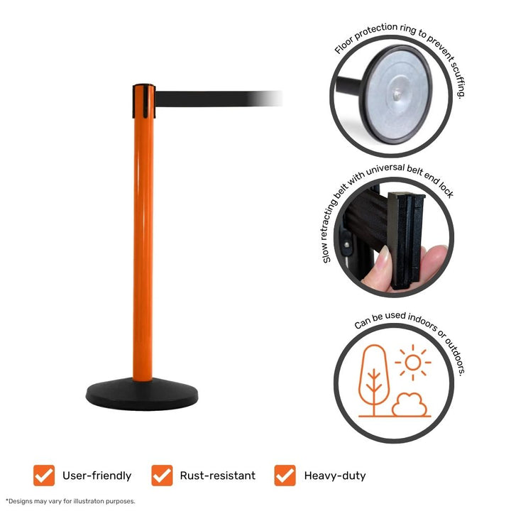 Orange retractable barrier with black belt, displaying product features such as floor protection, universal belt end lock, and indoor-outdoor usability.