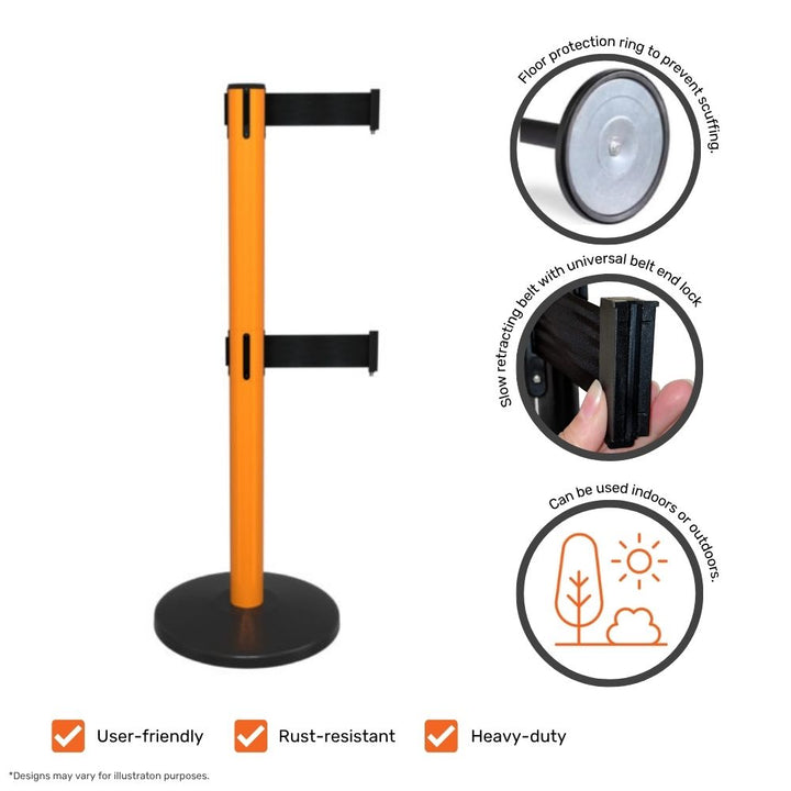 Detailed view of an orange retractable barrier with black belts, highlighting product features such as universal belt lock and heavy-duty design.