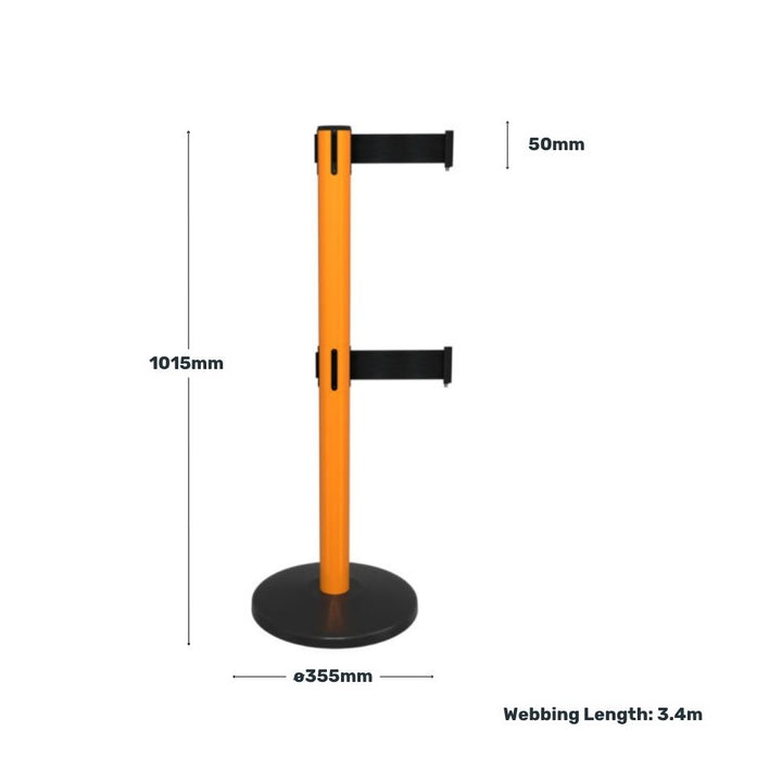 Orange retractable barrier with black belts shown with dimensions including height, base diameter, and belt length.