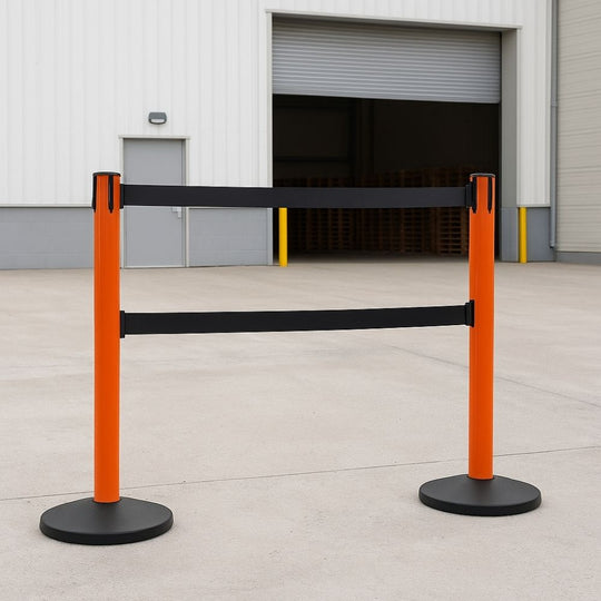 Orange Outdoor Safety Retractable Barrier - Twin 3.4m Black Belt