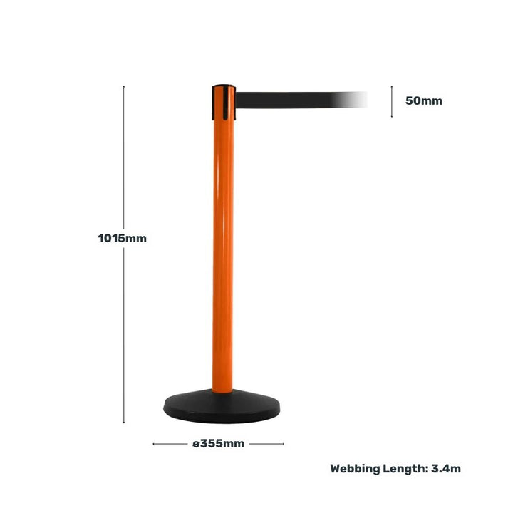 Orange retractable barrier post with black belt showing product dimensions including height, base diameter, belt width, and webbing length.