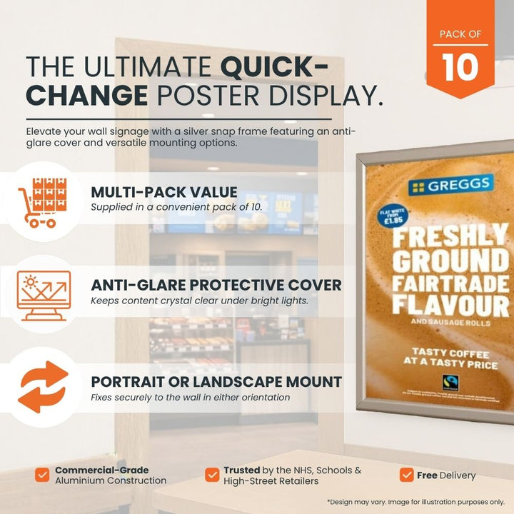 pack-of-10-a1-silver-poster-snap-frames-with-25mm-mitred-aluminium-frame-anti-glare-cover-and-wall-fixings-for-retail-display