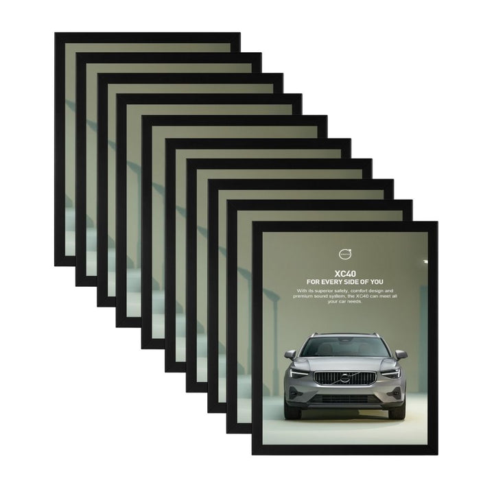 Black A2 poster frame bundle – 10-pack with 25mm mitred edge snap frames and mounting accessories