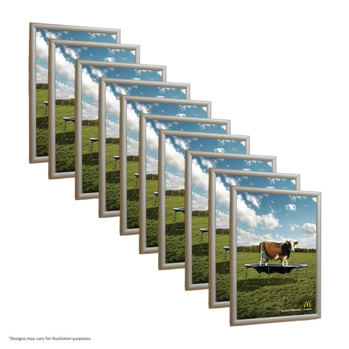 Commercial A2 snap frame bundle – 10 silver mitred-edge poster frames with wall mounts for clean displays