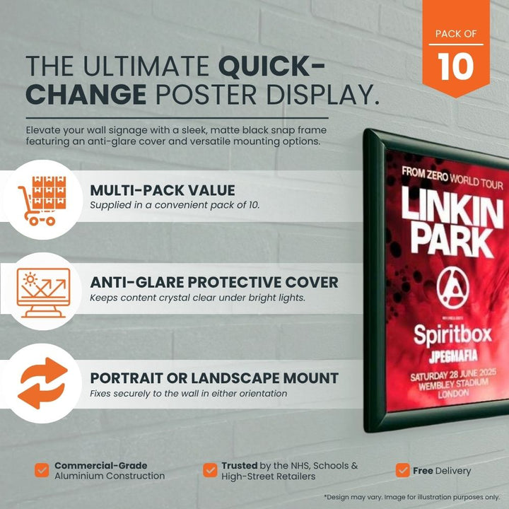 pack-of-10-a4-black-snap-frame-poster-displays-with-25mm-mitred-aluminium-frame-anti-glare-cover-and-wall-fixings-for-retail-use