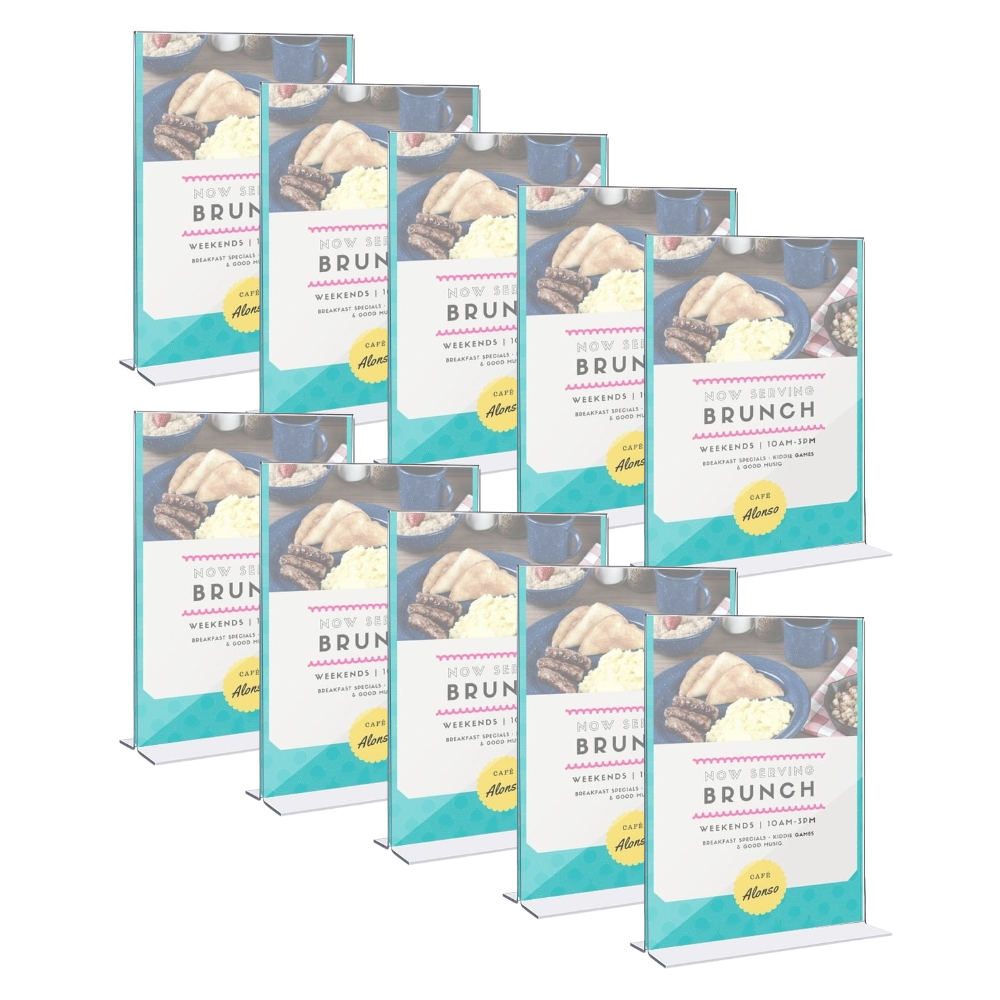 Pack of 10 double-sided A4 literature holders in portrait orientation, perfect for brochures, leaflets, and menus.
