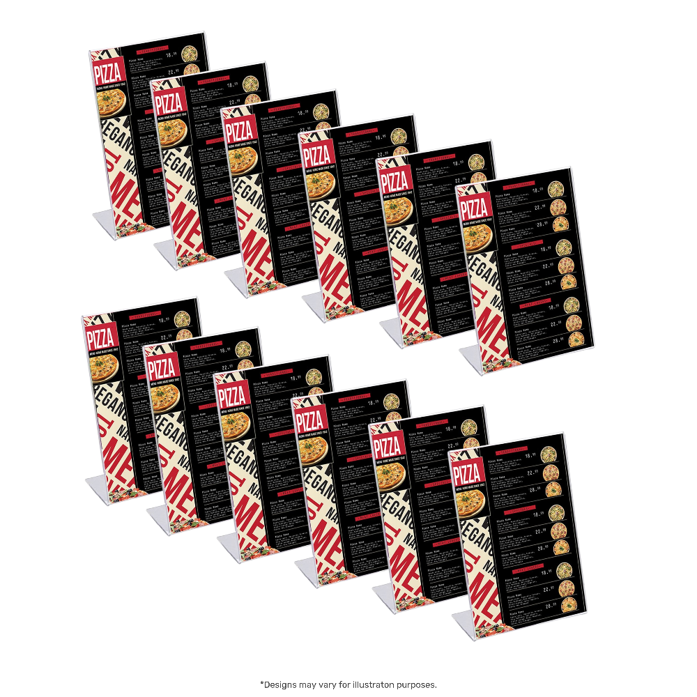 Clear acrylic A4 portrait literature holders, supplied in a pack of 12, perfect for professional and retail displays.

