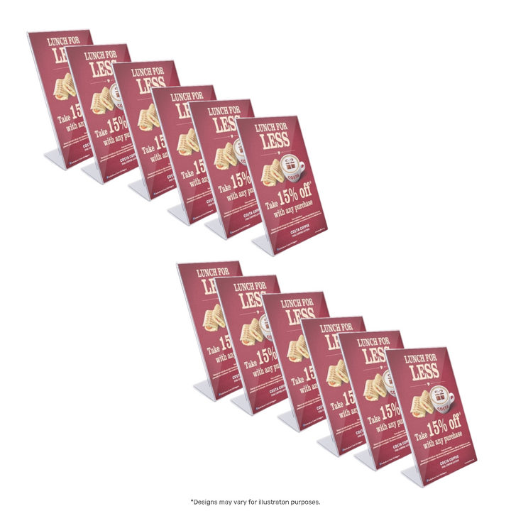 Portrait A5 slanted flyer holders – crystal-clear acrylic displays, pack of 12 for professional presentation