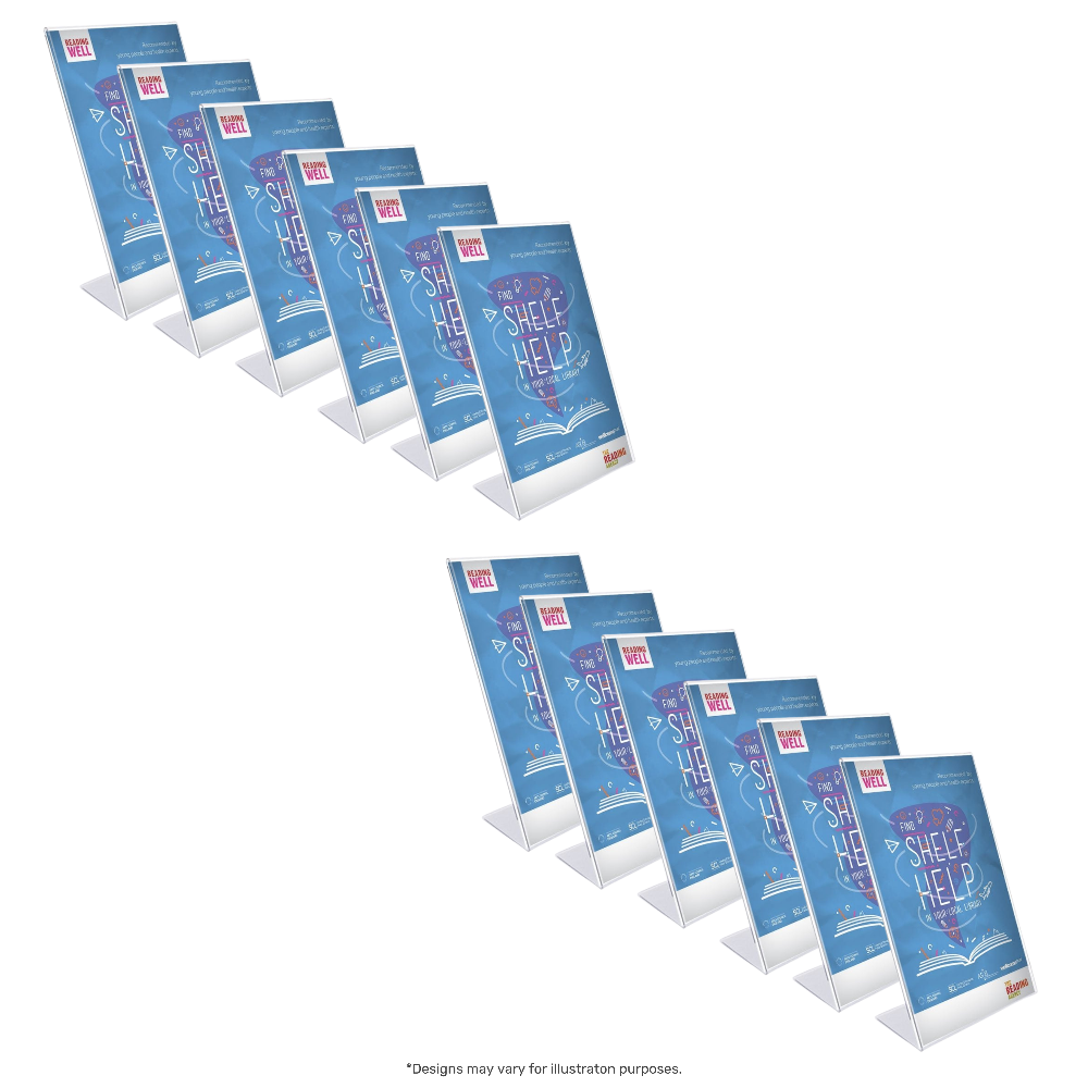 Pack of 12 acrylic A6 literature holders in portrait orientation, perfect for displaying leaflets, brochures, and menus.
