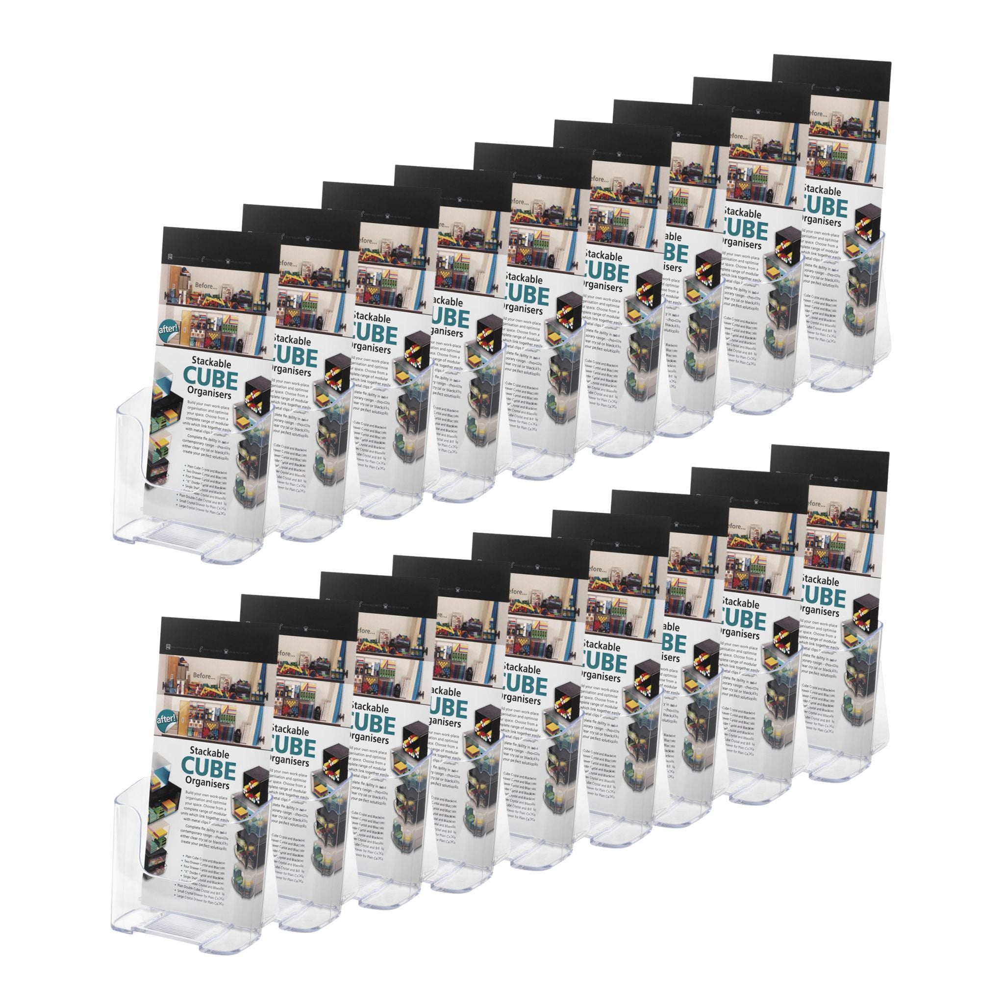 Pack of 18 sleek DL portrait leaflet holders, perfect for organising promotional materials on counters or desks.
