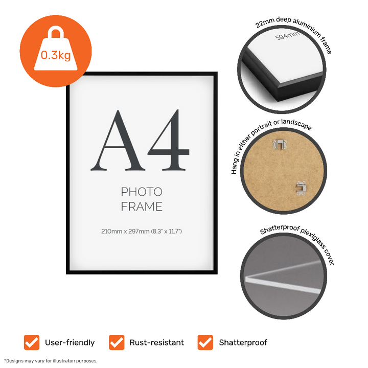 Pack of 24 A4 black aluminium frames – certificate and poster holders with plexiglass for portrait or landscape wall display