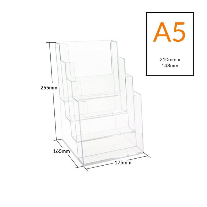 Four durable 4-tier A5 portrait leaflet holders, counter standing and ideal for showcasing brochures or flyers.