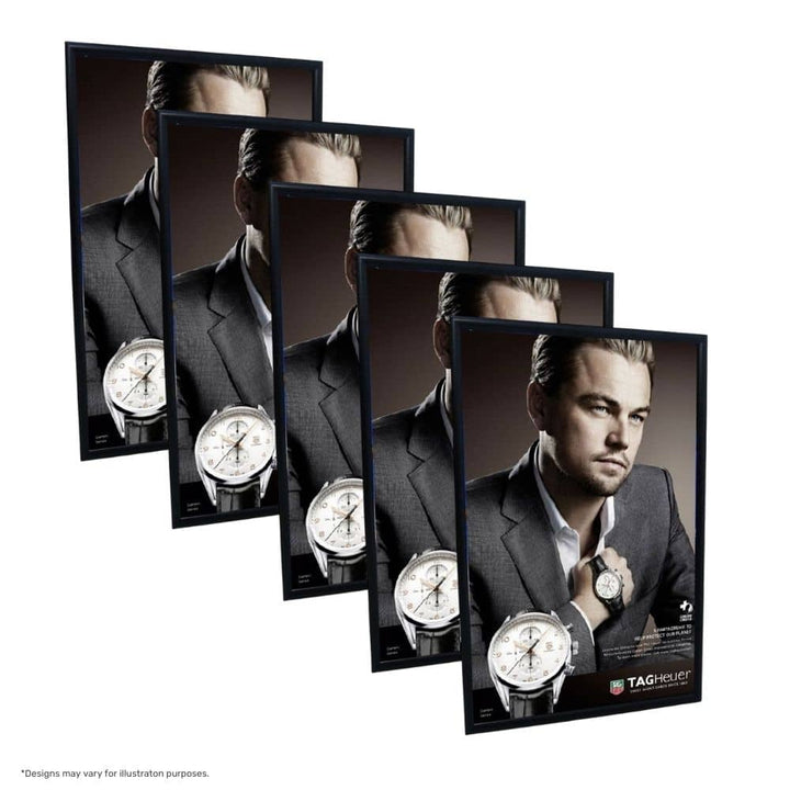 A0 black poster frames – 5-pack snap-close display holders with 25mm edge profile and wall-mount kit