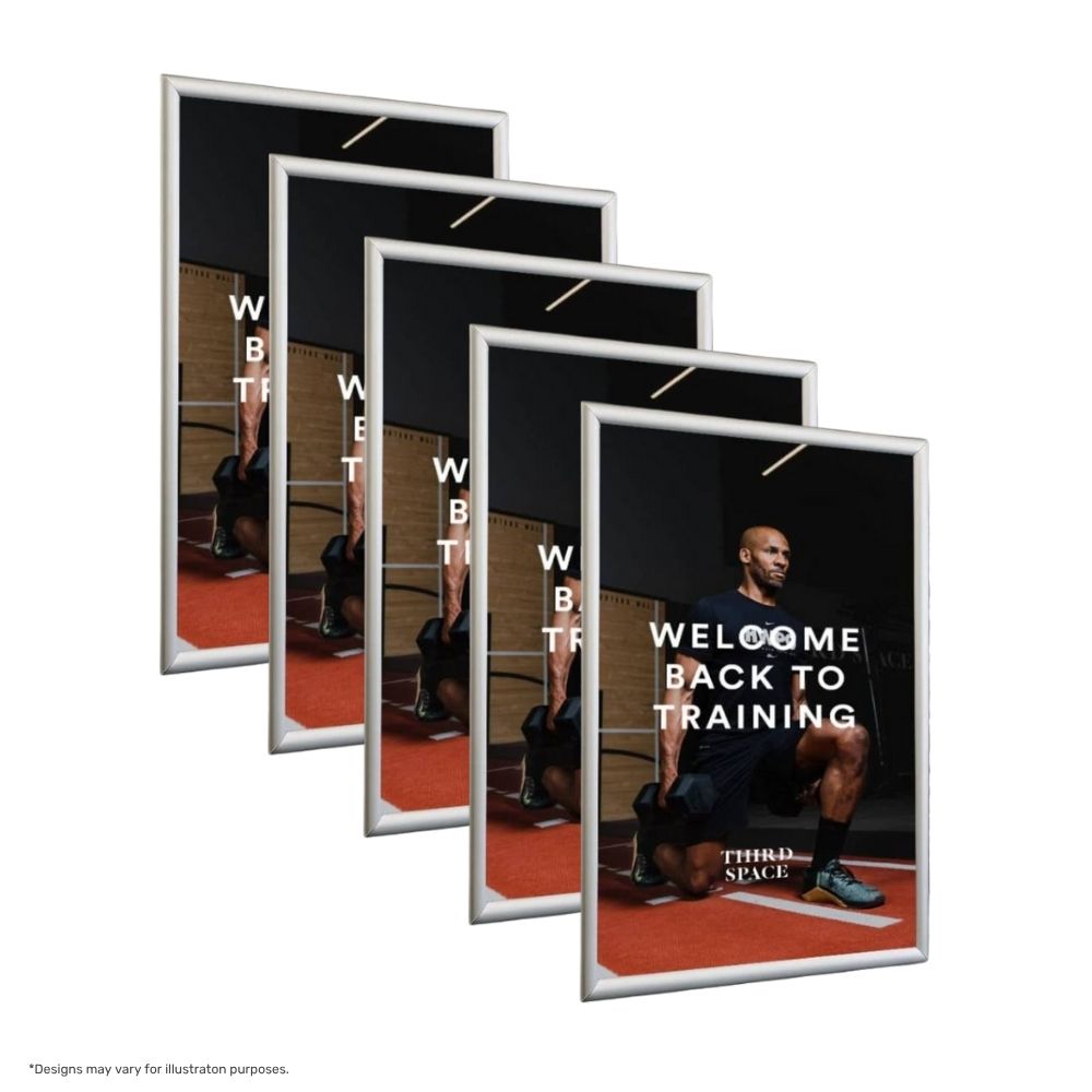 Silver A0 poster snap frames – set of 5 with 25mm mitred edges and fixings for easy wall-mounted signage
