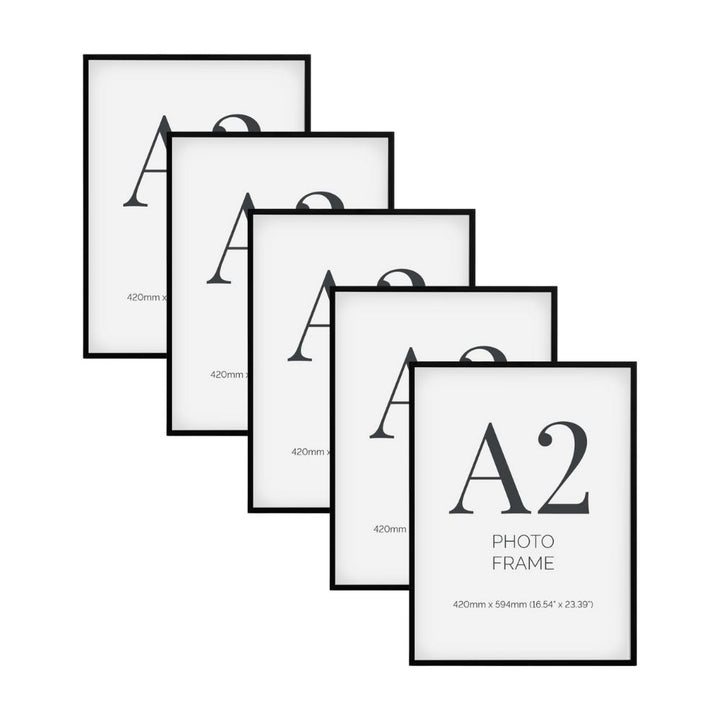 Pack of five modern A2 black picture frames, ideal for creating a coordinated gallery wall or professional presentation.
