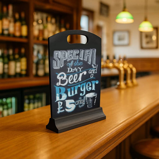 Pack of 5 Black Countertop A4 Chalkboards on Wooden Base