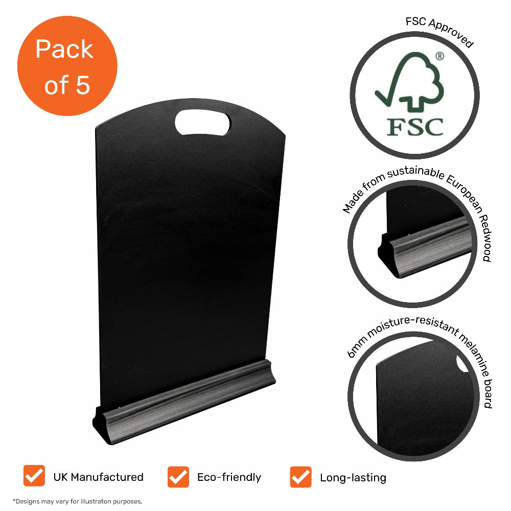This pack includes five sleek black A3 chalkboards with a durable wooden base, ideal for showcasing handwritten messages, daily specials, or event details on countertops.
